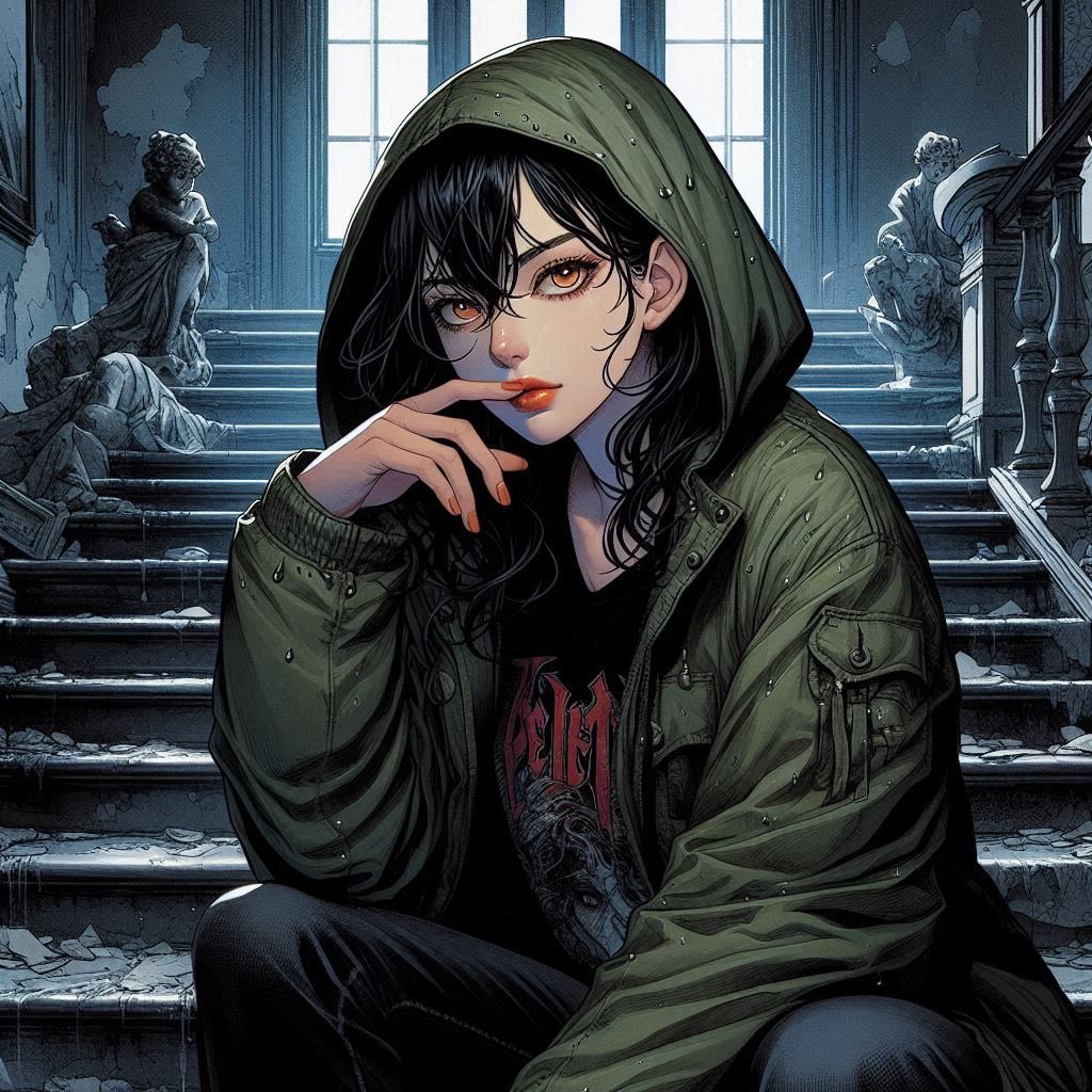 Woman on a ruined staircase