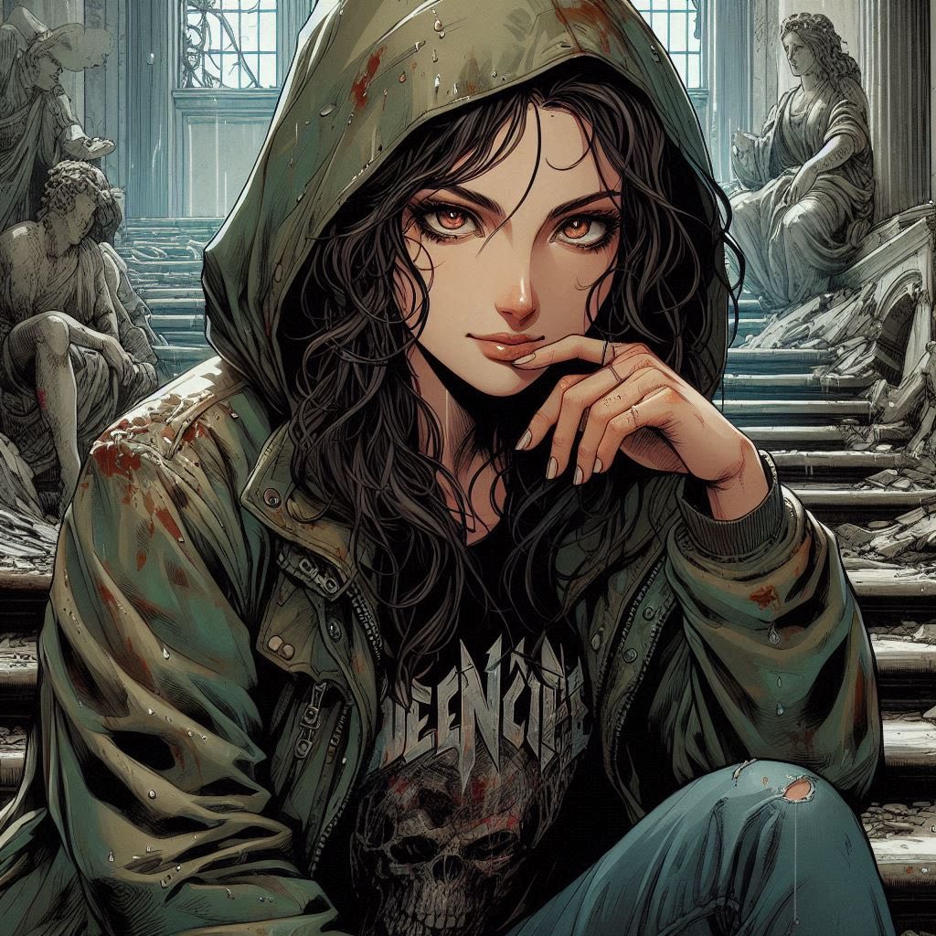 在廢墟樓梯上的女子