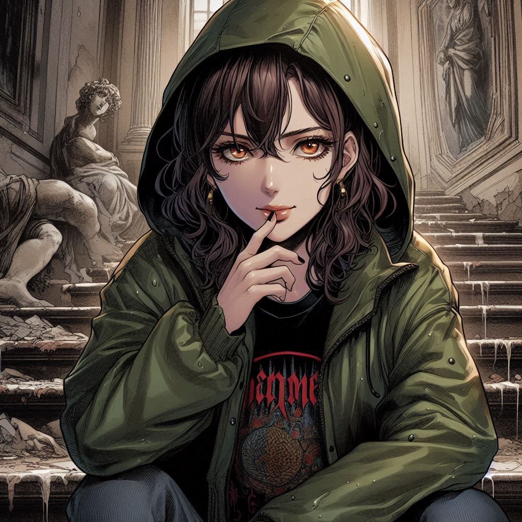 在廢墟樓梯上的女子