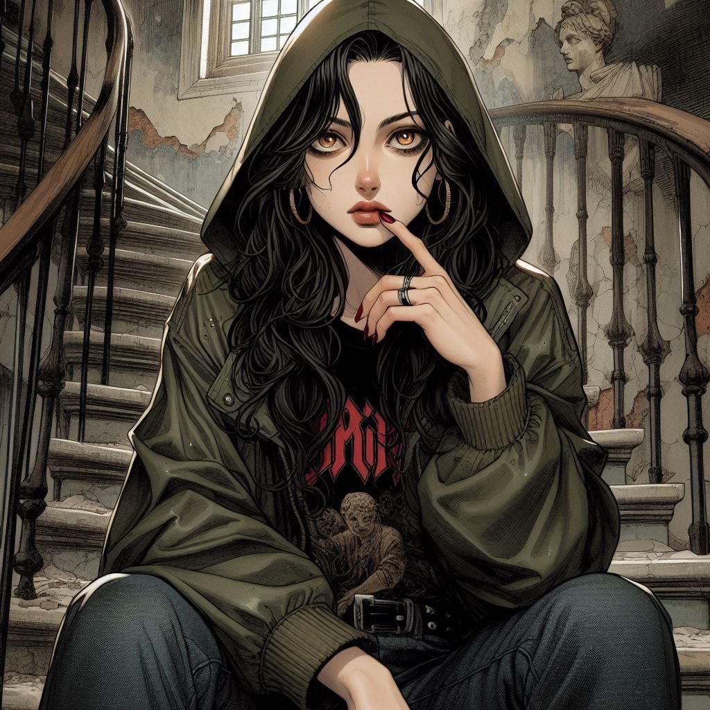 在廢墟樓梯上的女子