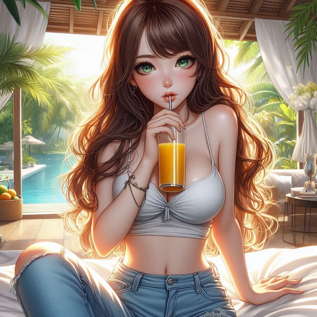 在熱帶渡假村喝涼的果汁