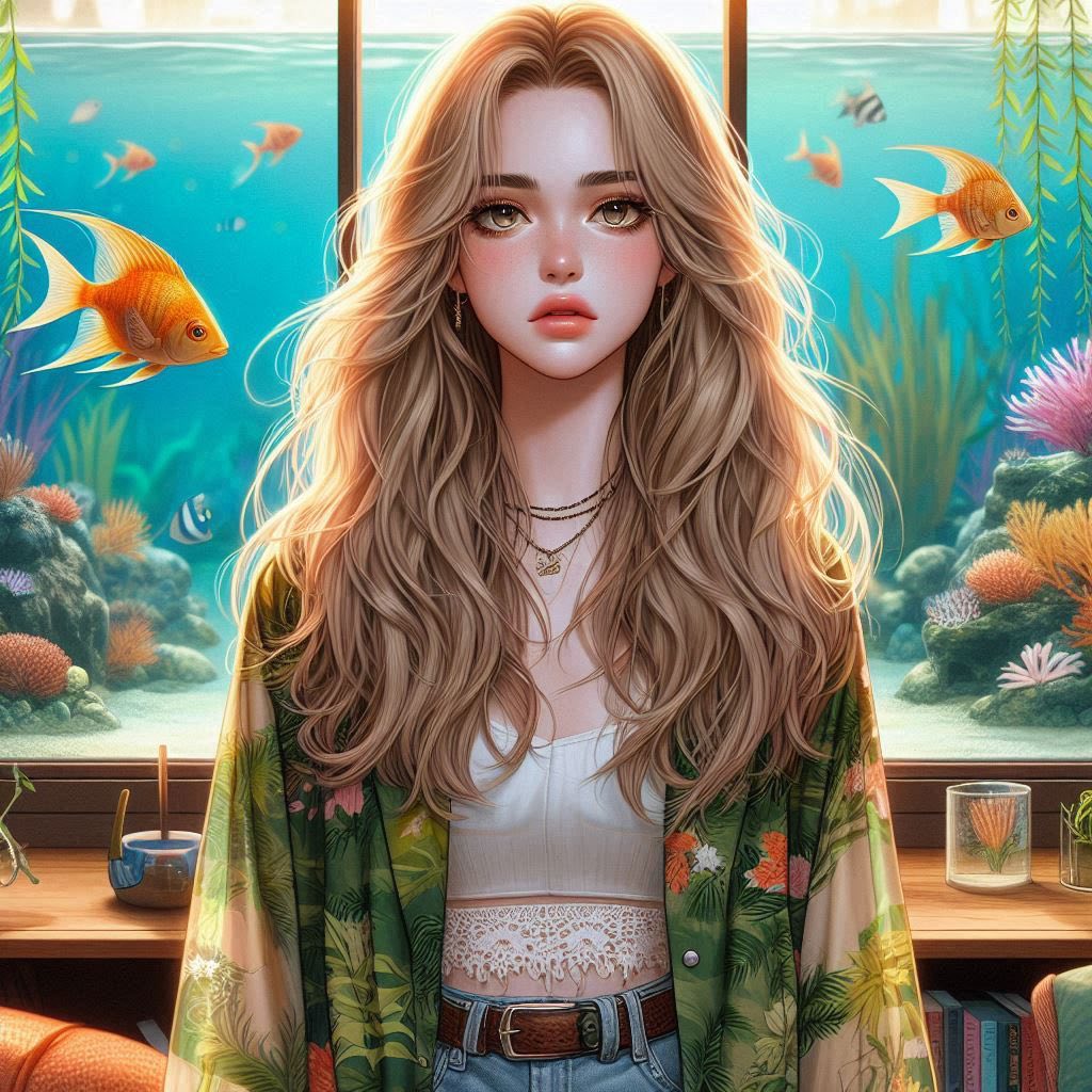Girl in front of the aquarium