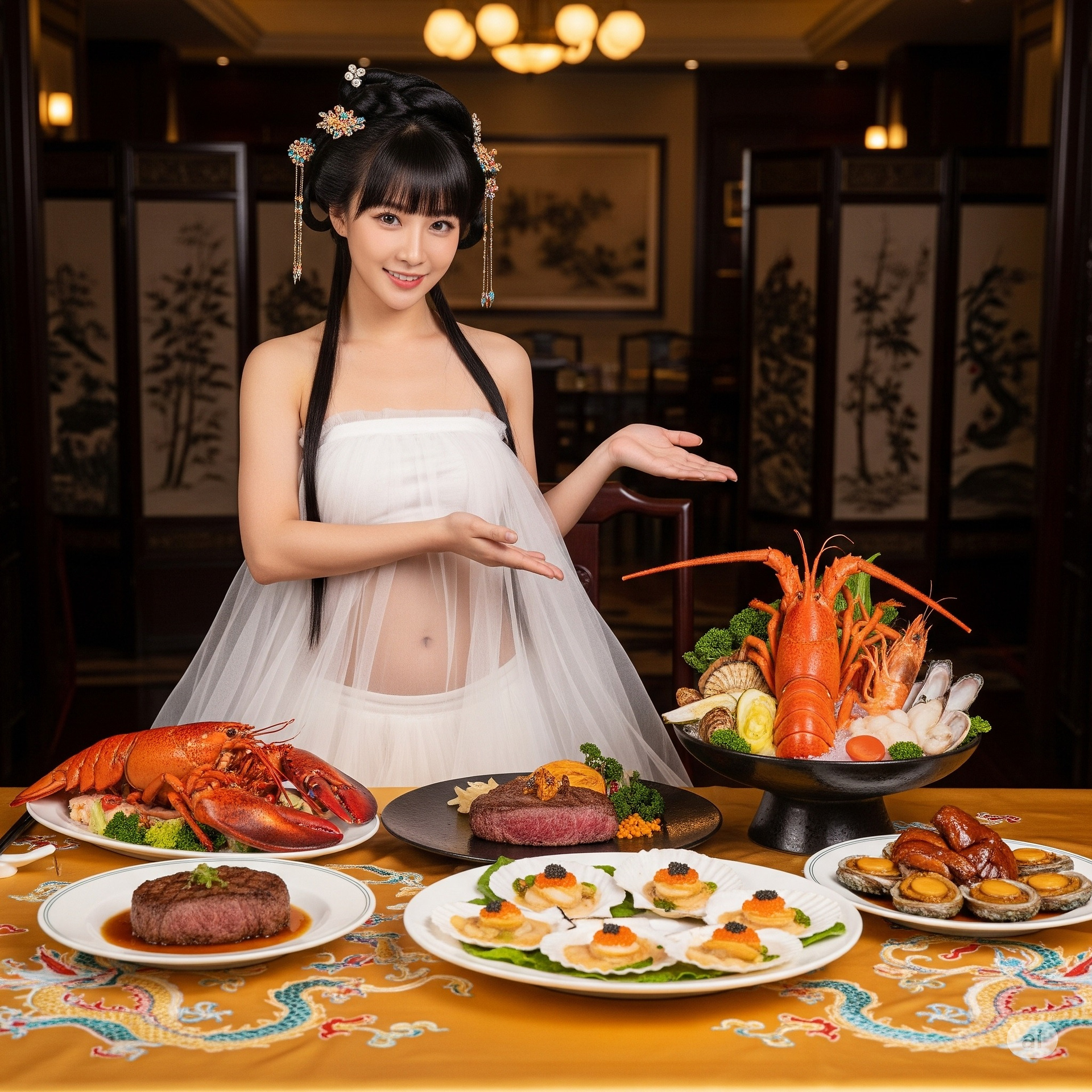 A special restaurant. A special waitress introduces the dishes in person