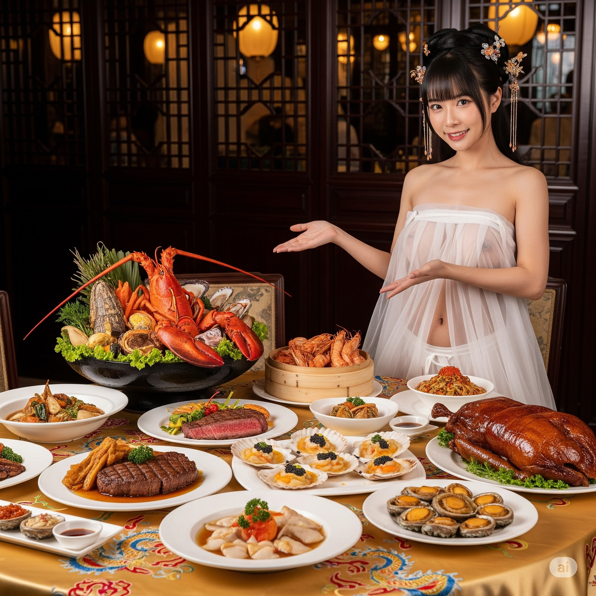A special restaurant. A special waitress introduces the dishes in person