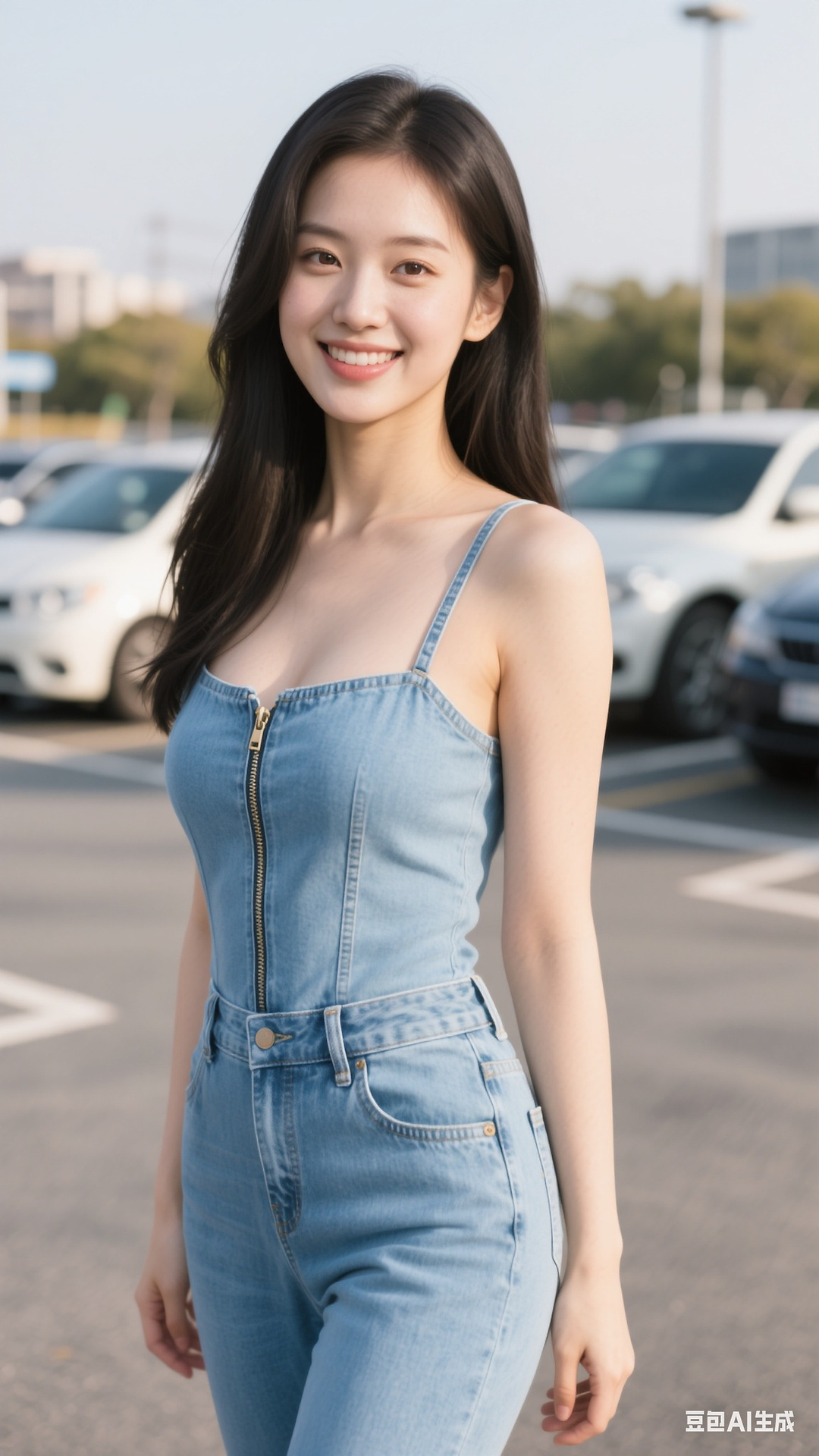 denim zipper pullover jumpsuit