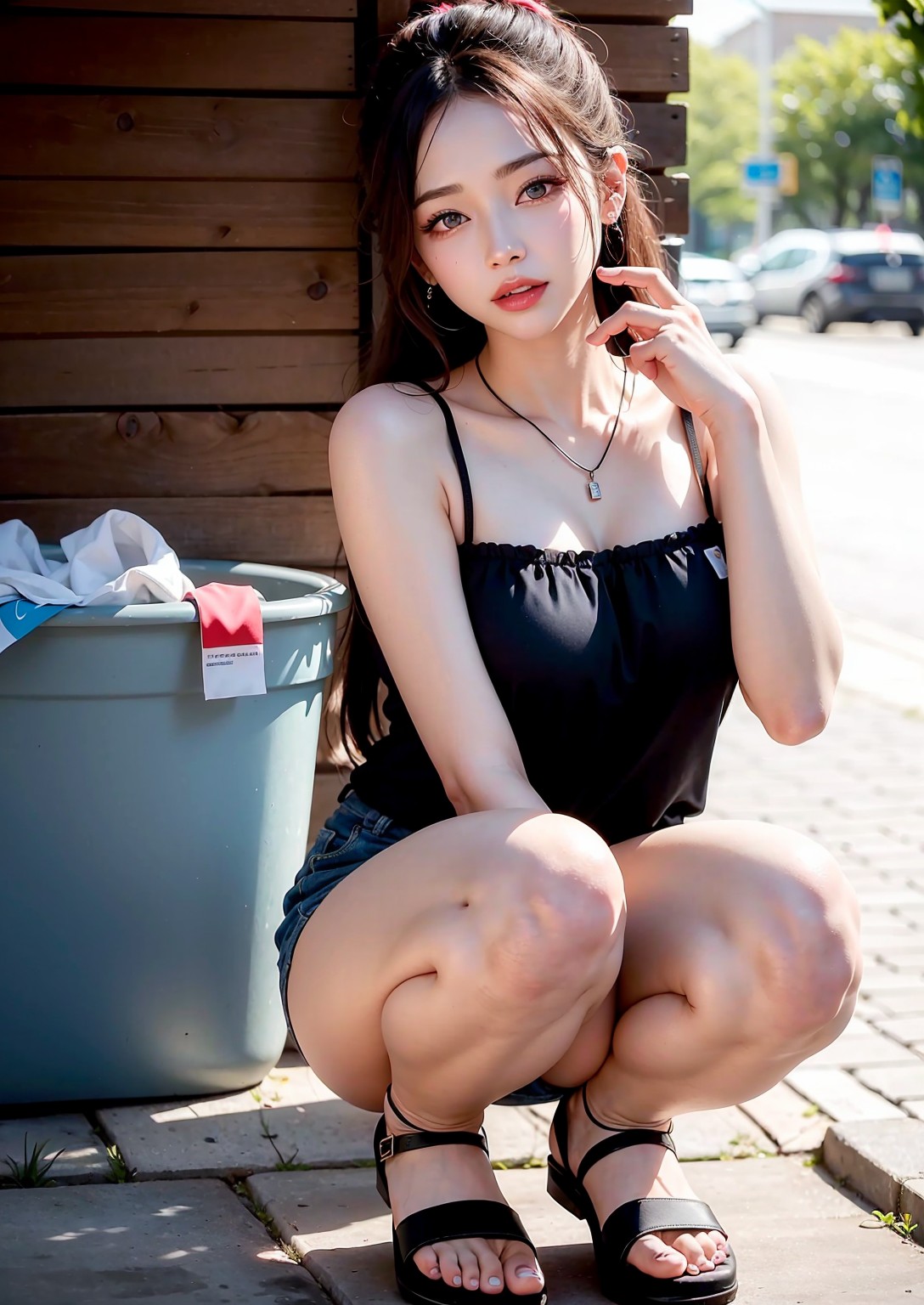 Girl washing car in summer