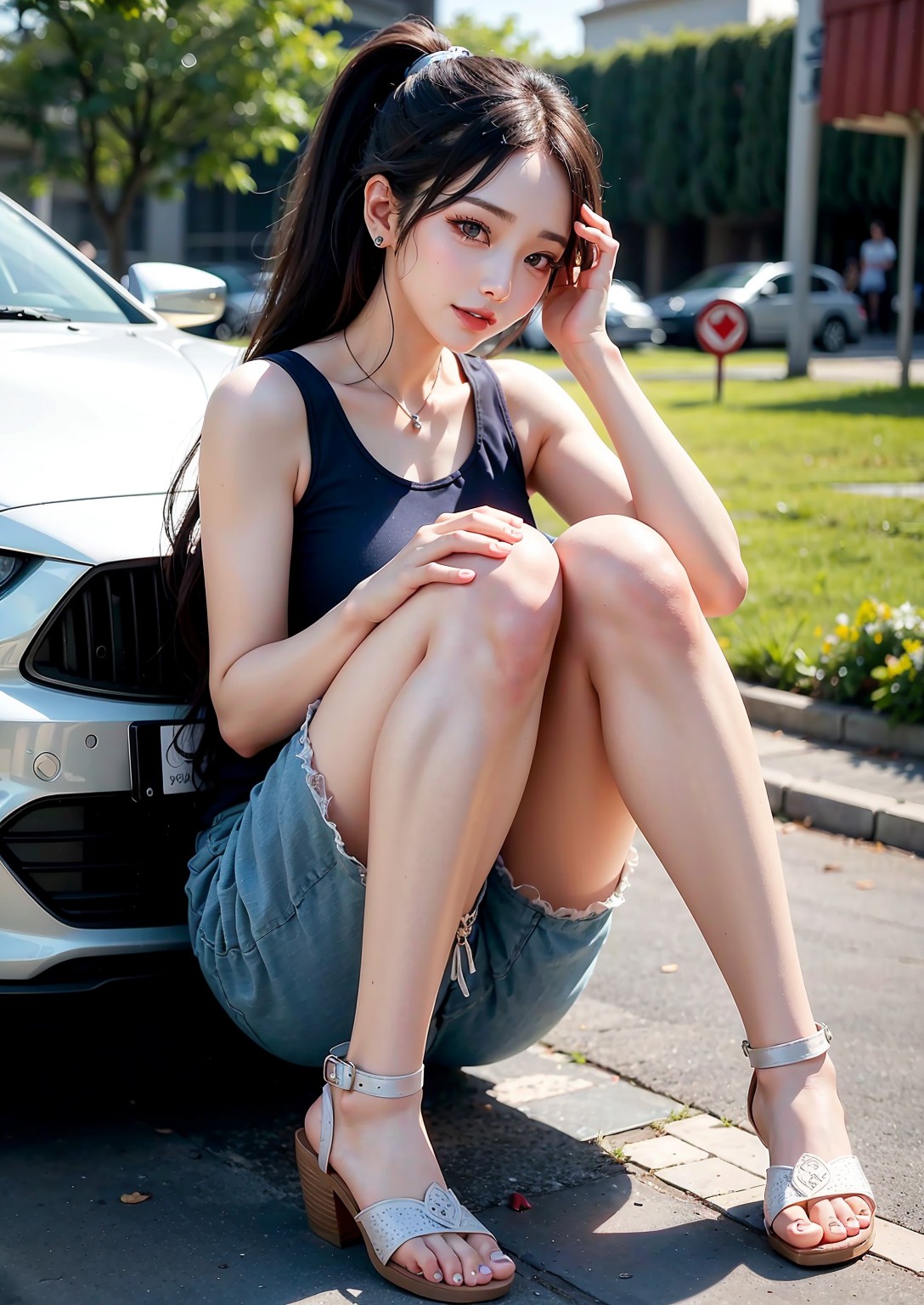 Girl washing car in summer
